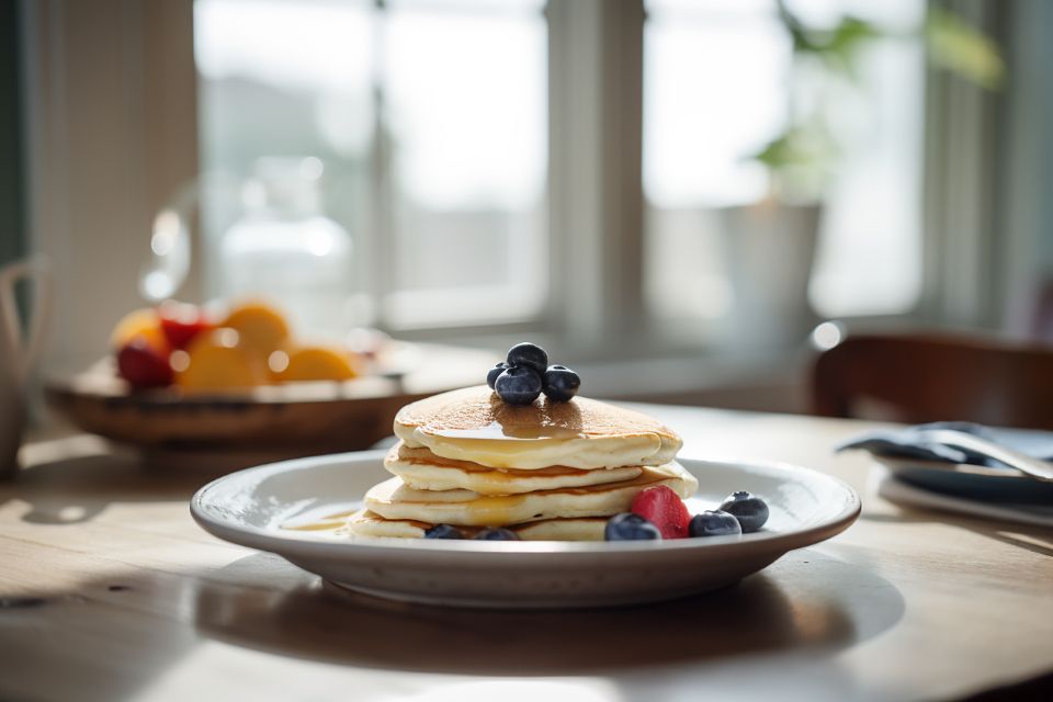A stack of blueberry pancakes by a sunny window